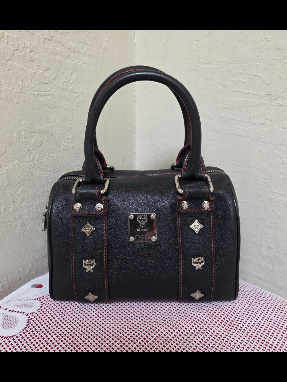 MCM Small Gray Leather Boston Handbag Satchel AUTHENTIC